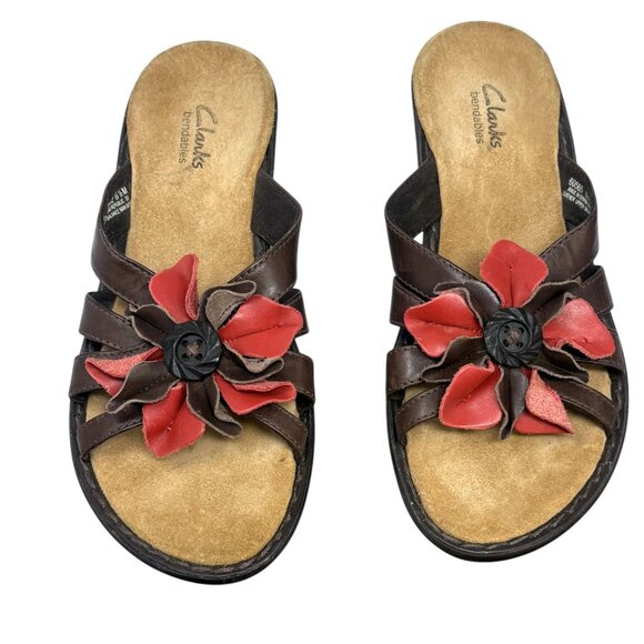 CLARKS BENDABLES‎ Lena Admire Brown Leather Flower Detail Slide Sandals - Picture 5 of 9